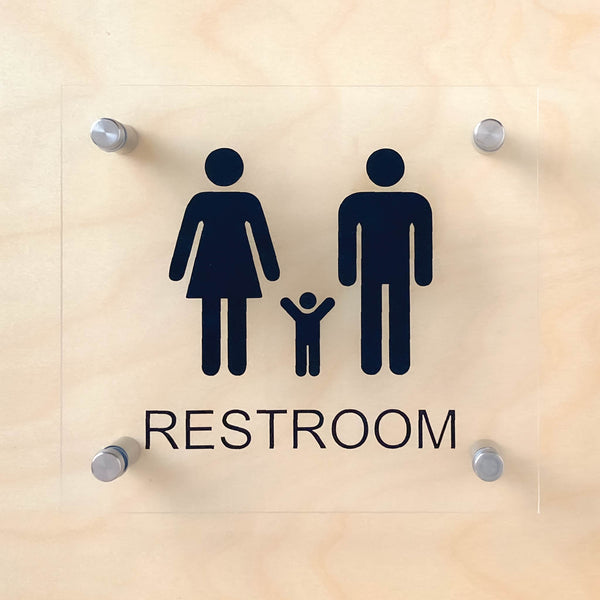 Family Restroom Sign with Standoffs Clear Acrylic 7.25"Wx6.5"H - BC Retail Supplies