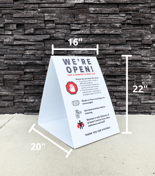 We're Open Protocols Pylon Sign - Triangular 4mm Coroplast - BC Retail Supplies