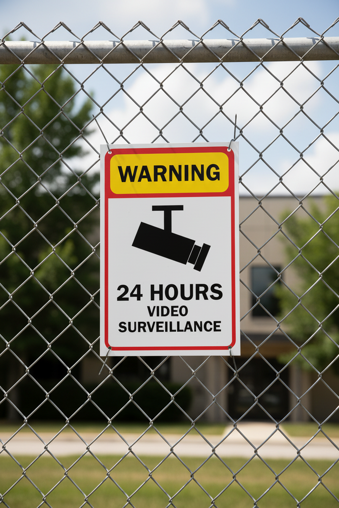 Video surveillance warning sign on a chain-link fence with a building in the background.