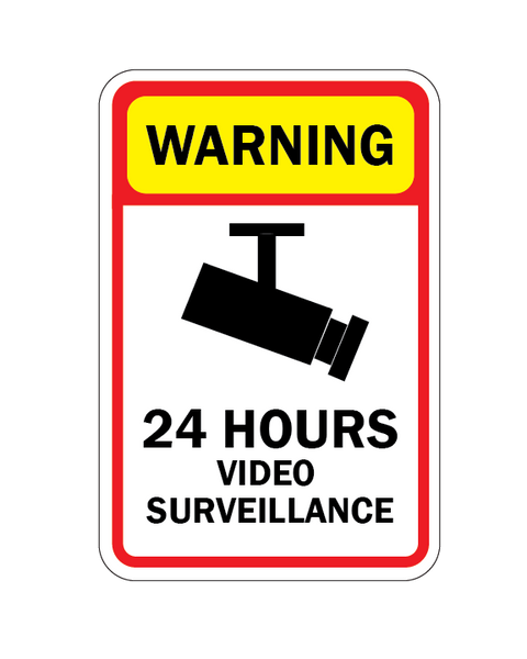 Warning sign with 24 hours video surveillance text and camera icon on a white background