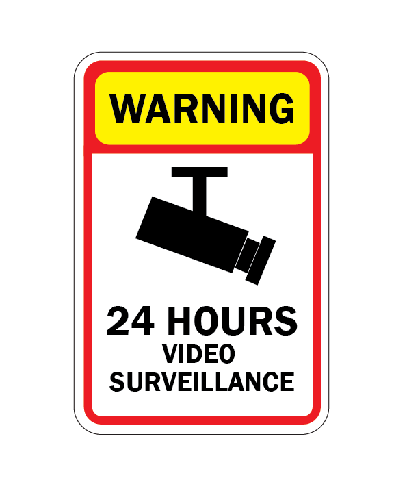 Warning sign with 24 hours video surveillance text and camera icon on a white background