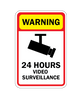Warning sign with 24 hours video surveillance text and camera icon on a white background