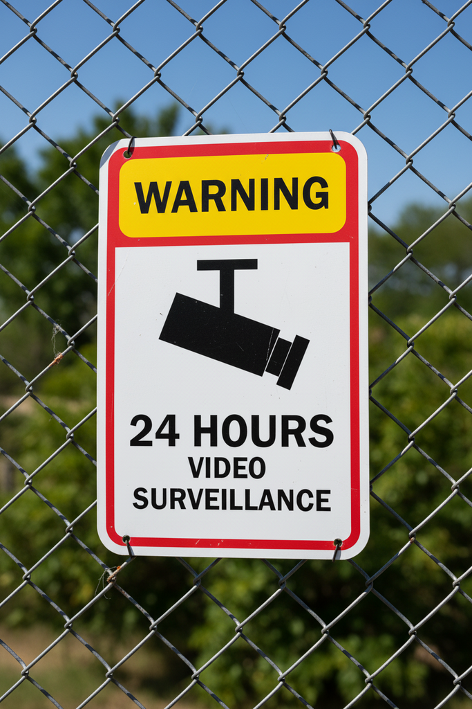 Warning sign for 24 hours video surveillance on a chain-link fence