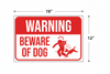 Warning sign with 'Beware of Dog' text and graphic, showing dimensions on a white background.