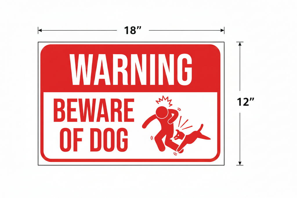 Warning sign with 'Beware of Dog' text and graphic, showing dimensions on a white background.