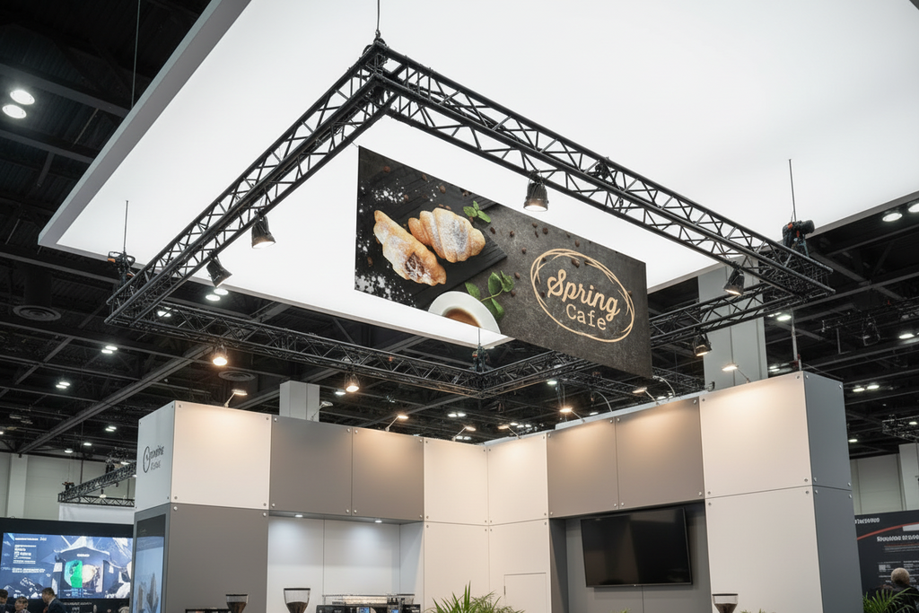 Exhibition stand with 'Spring Cafe' branded banner at a trade show
