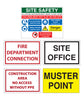 Construction site sign package including safety and warning sign, muster point sign, site office sign, and fall protection sign