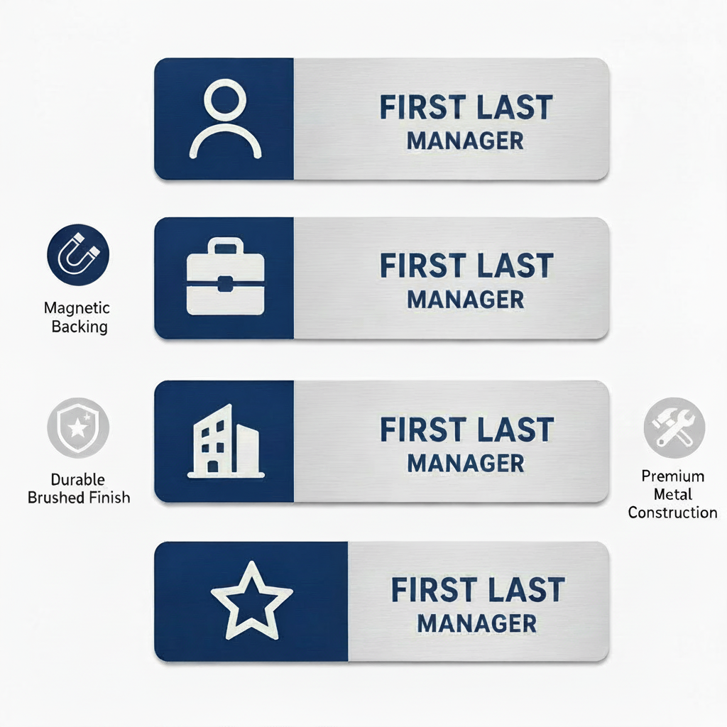 Set of name badges with different symbols and text on a white background