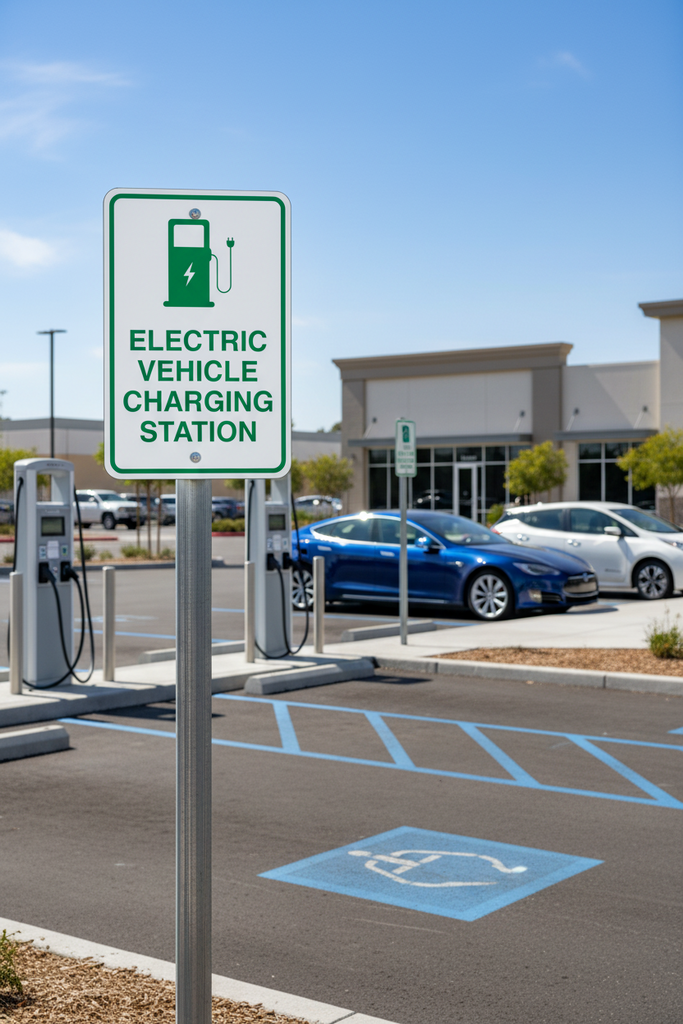 Electric vehicle charging station sign at a commercial parking lot