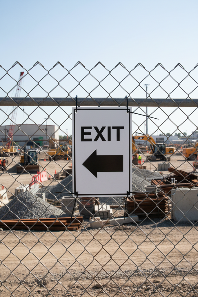 EXIT sign with an arrow pointing right on a chain-link fence at a construction site.