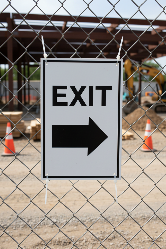EXIT sign with an arrow pointing right on a chain-link fence at a construction site.