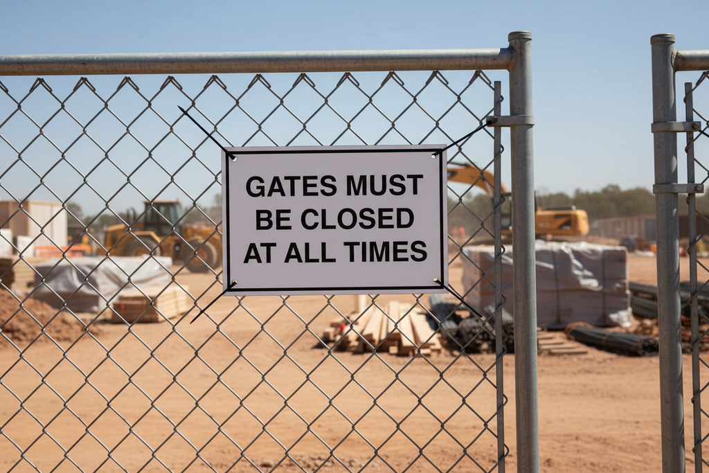 Fence with a sign warning Gates must be closed at all times at a construction site