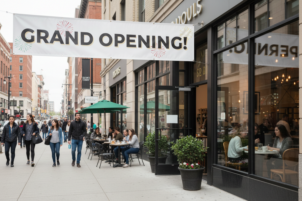 Grand opening sign on road way