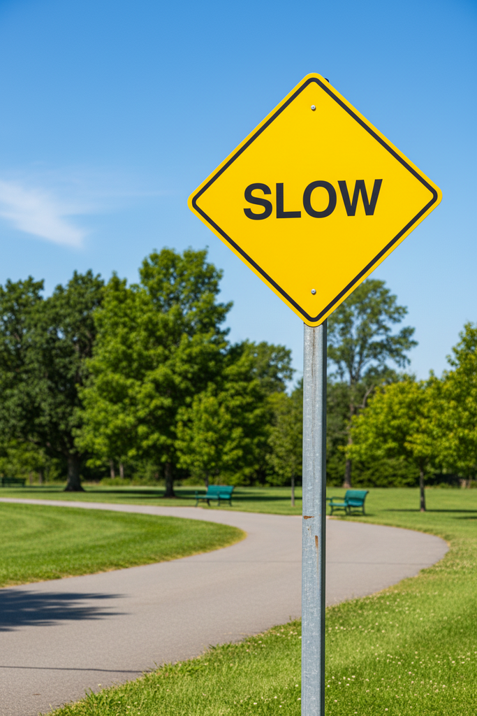 A yellow diamond-shaped road sign with the word 'SLOW' in black text.
