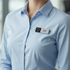 Person wearing a light blue shirt with a name tag on a blurred background