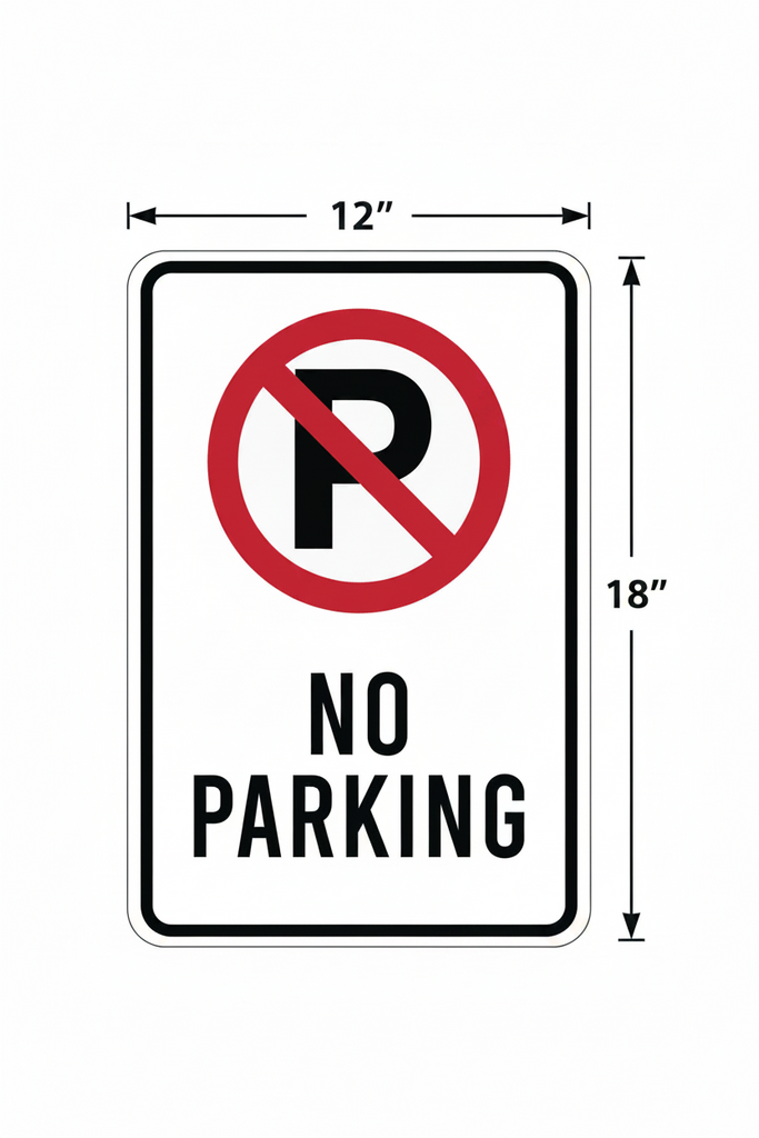 A rectangular no parking sign with a white background and red and black text and symbols indicating 'NO PARKING'.