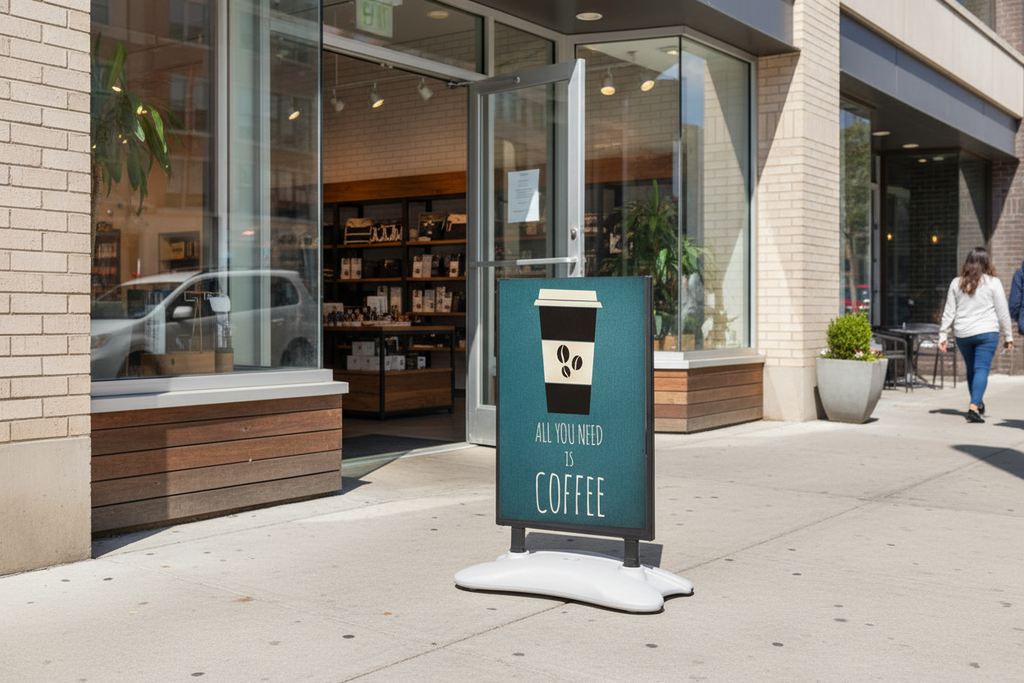 Wind resistant sandwich board on side walk