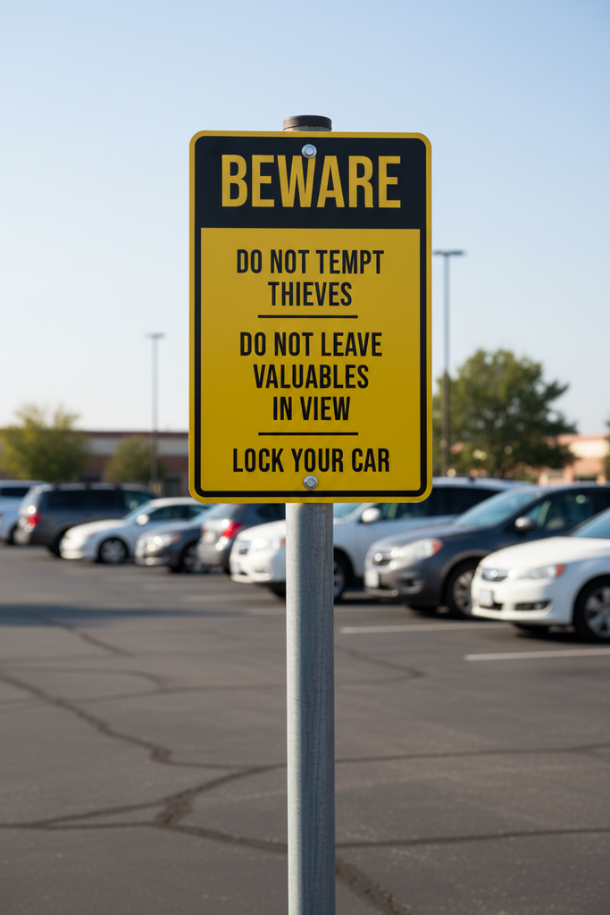 beware of theft sign aluminum composite sign used at a commercial parking lot