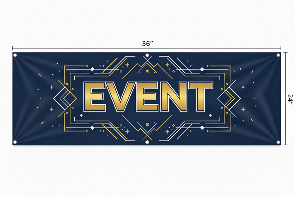 Navy blue banner with gold 'EVENT' text and decorative elements, dimensions shown.