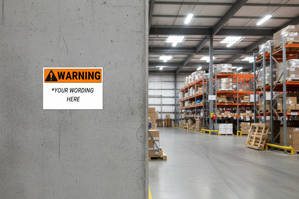 Warning sign in warehouse
