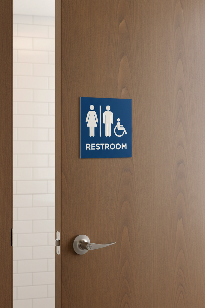 Wooden door with a restroom sign featuring gender-neutral symbols and the word 'RESTROOM'.