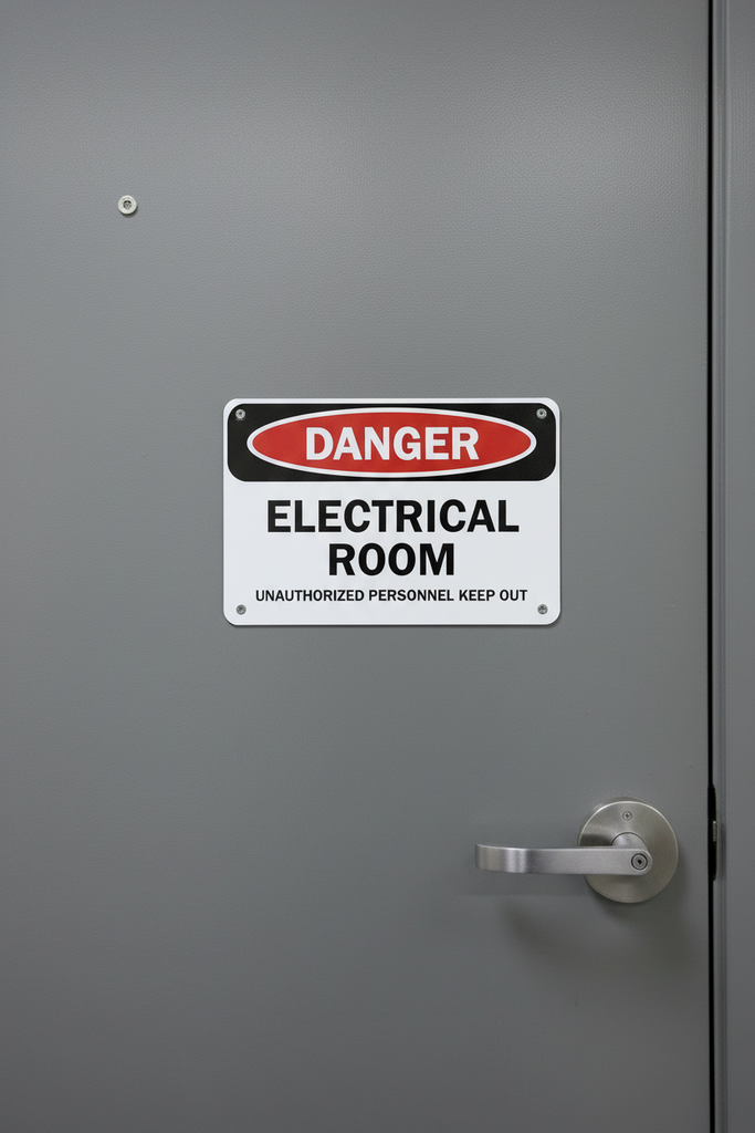 Danger electrical room sign unauthorized personnel keep out installed on a door