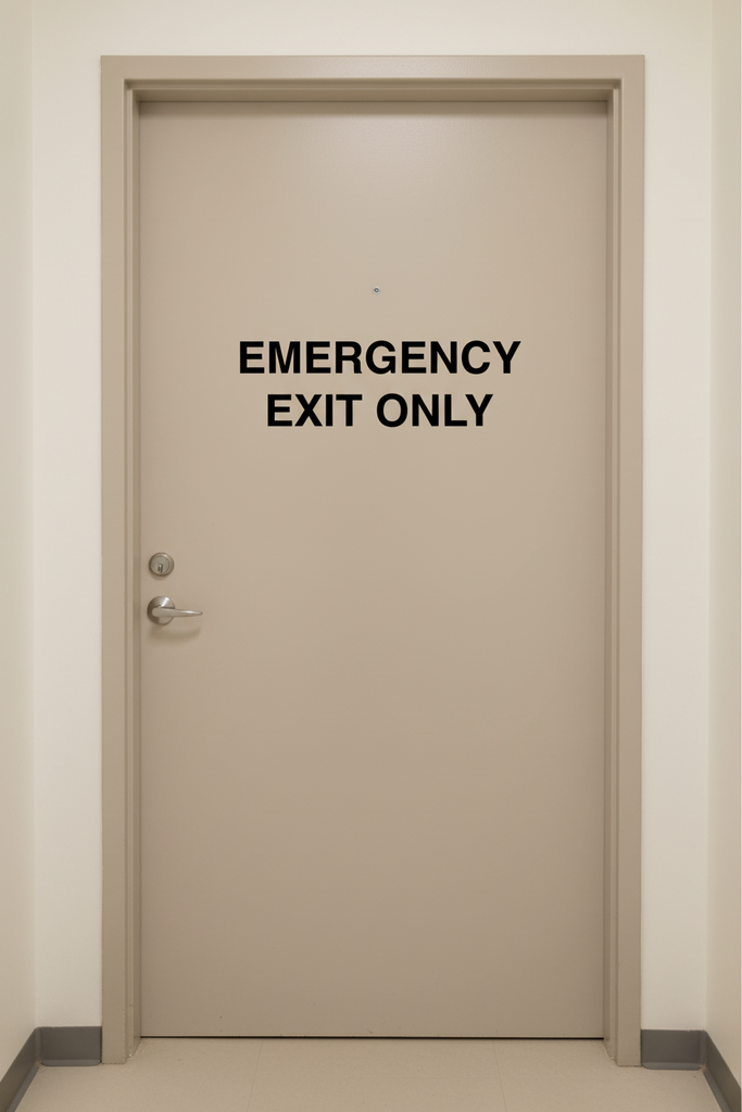 Emergency exit only decal matte black applied to door