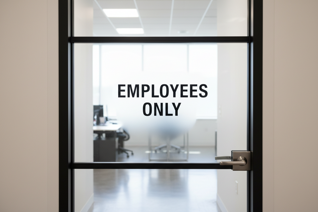 Employee only decal in matte black installed on a business door 