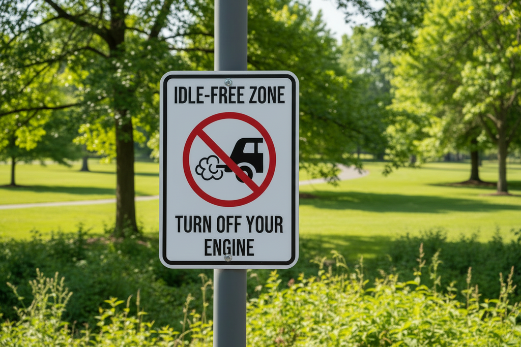 Idle-free zone sign in a park with trees and grass in the background