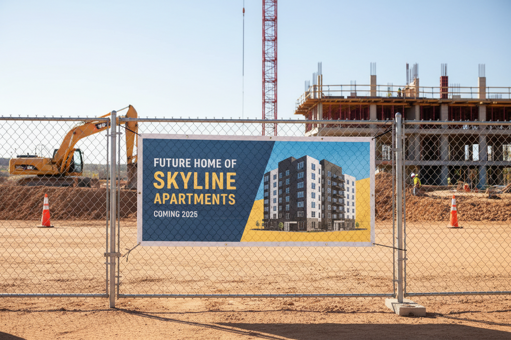 Construction site with mesh banner print