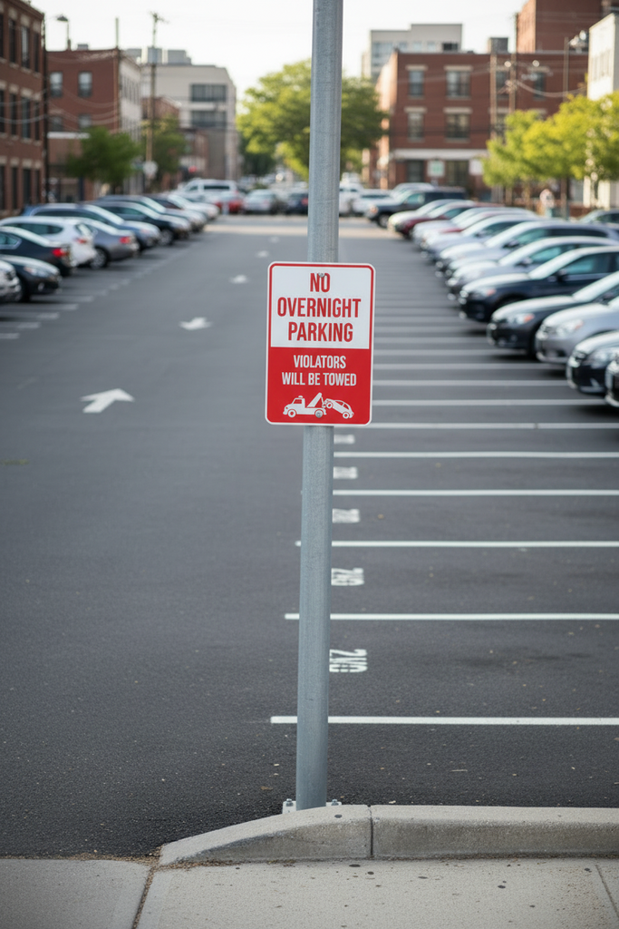 No overnight parking sign in a city parking lot with cars and buildings in the background.