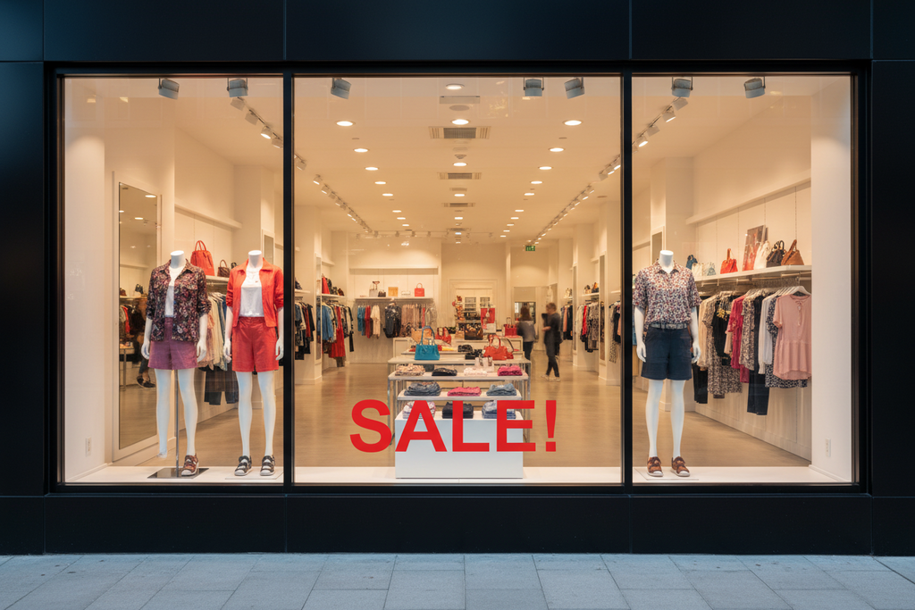 Storefront with mannequins wearing clothing and a 'SALE!' sign.