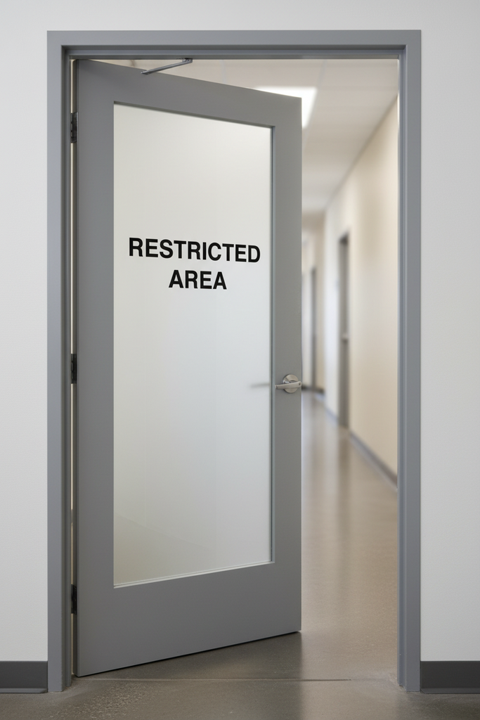 restricted area vinyl cut decal black installed onto business door