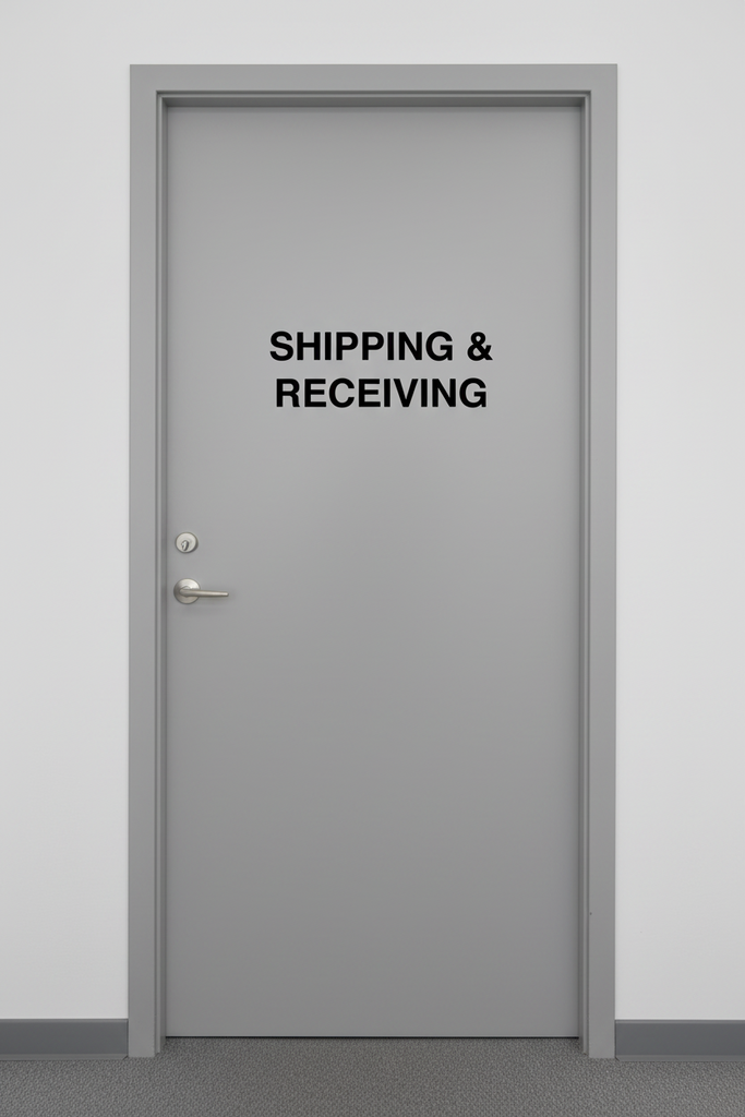 shipping and receiving decal installed onto a door
