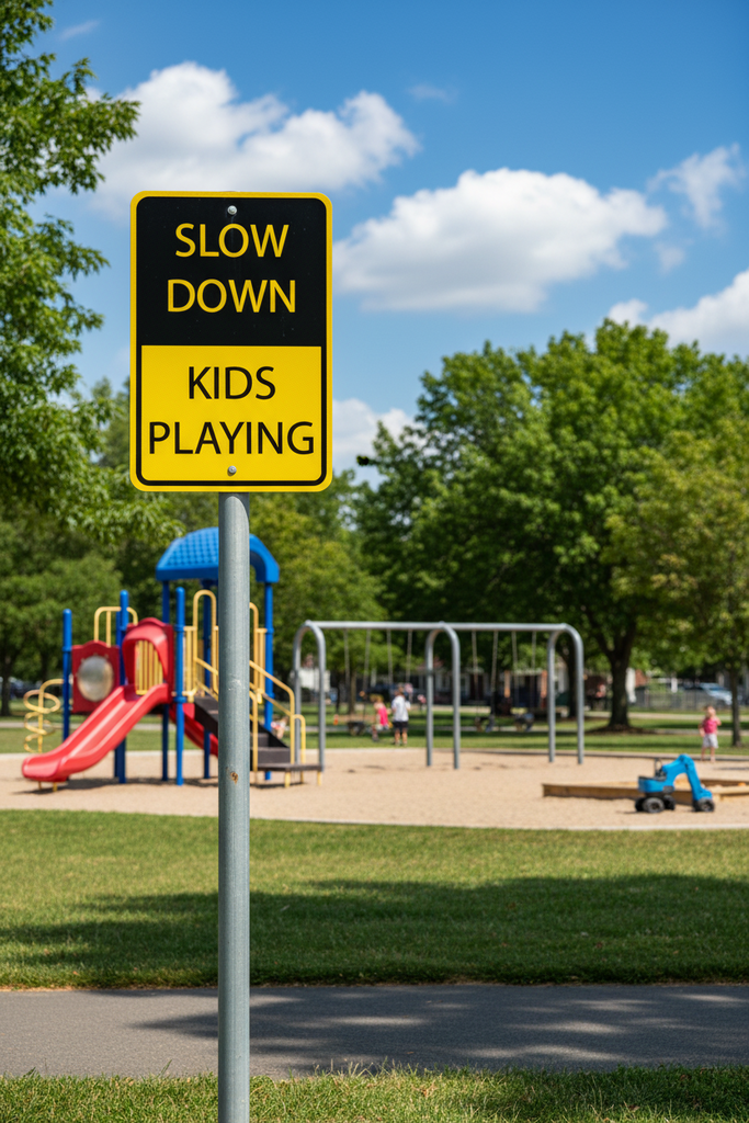 Yellow 'Slow Down Kids Playing' sign at a playground