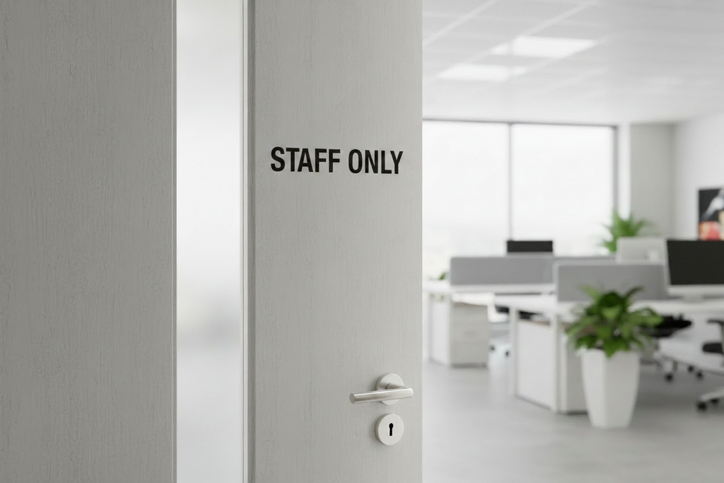 Staff only decal matte black installed on office door