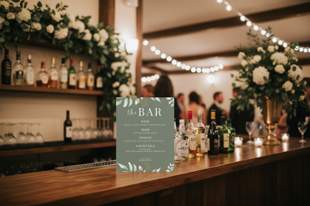 Bar setup with a decorative sign and floral arrangements.