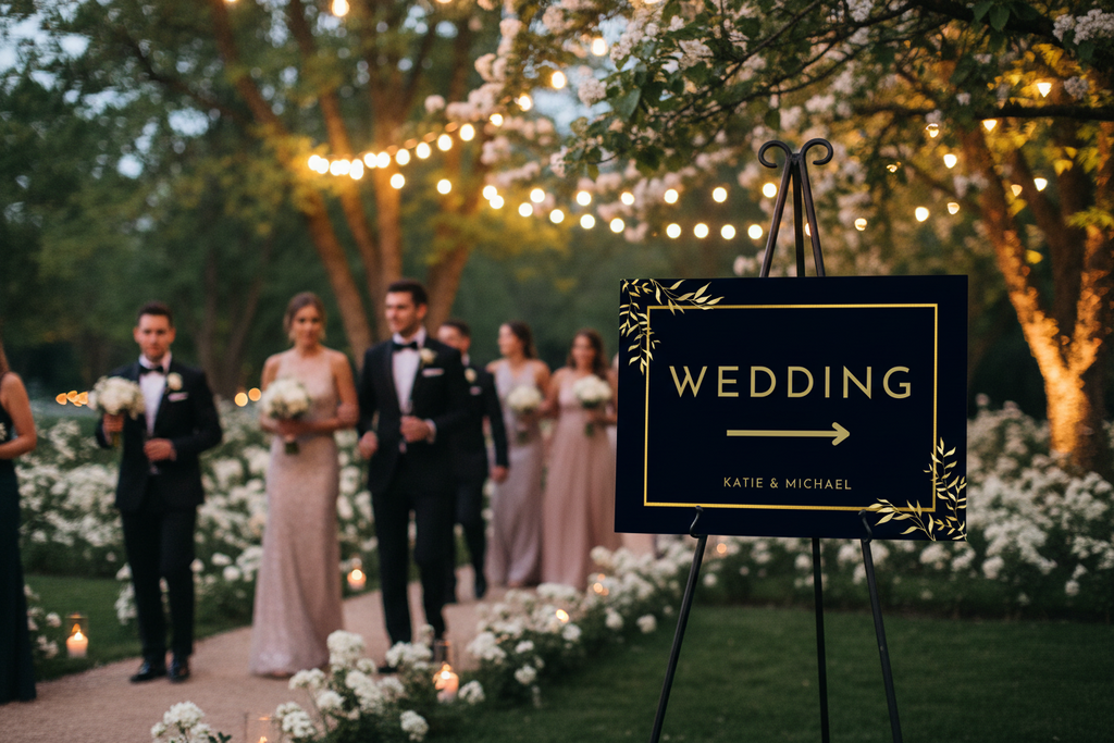Wedding directional sign black and gold