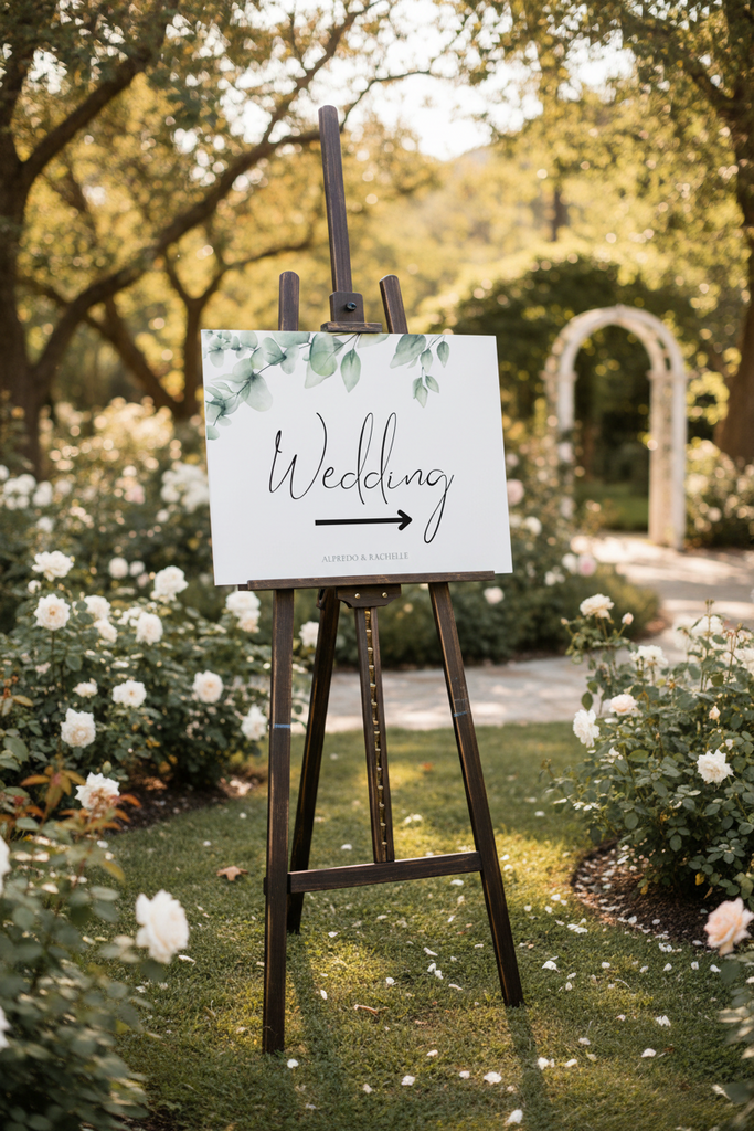Wedding sign on an easel in a garden setting
