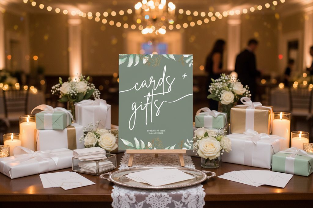 Table setup with gift boxes and a 'cards & gifts' sign in a festive indoor setting.