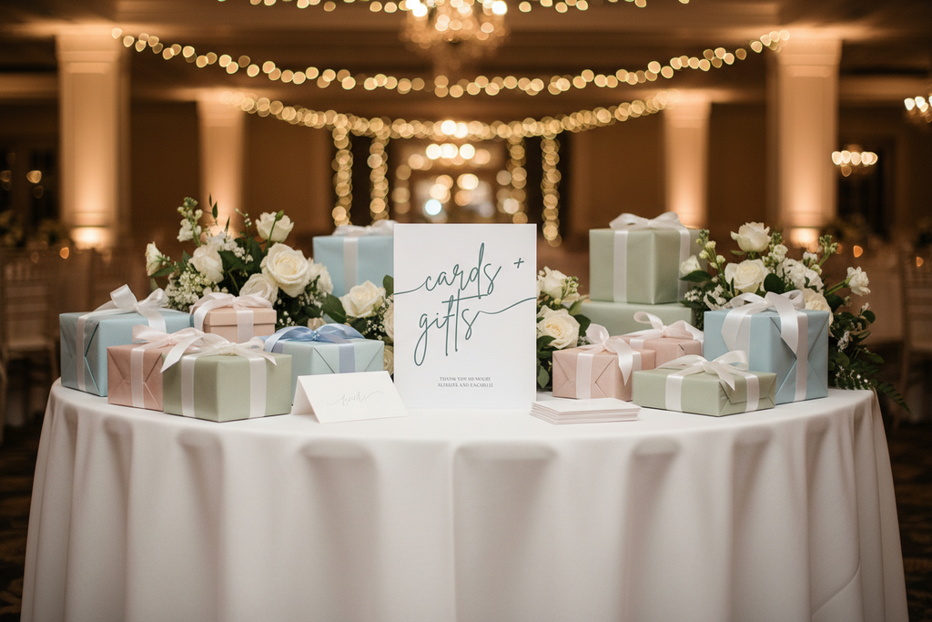 Table with gift boxes and a sign reading 'cards & gifts' in a decorated indoor setting.