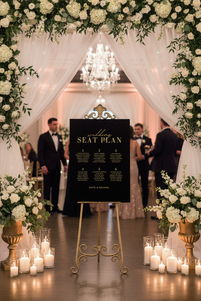 Decorative wedding setup with floral arch, chandelier, and seat plan board.