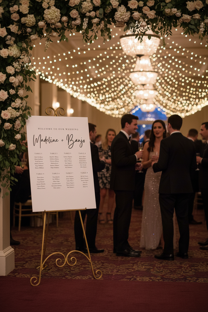 Wedding reception with a seating chart on an easel, guests mingling, and floral decorations.