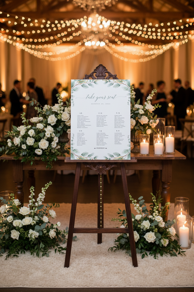 Decorative setup with a seating chart on an easel surrounded by flowers and candles in a warmly lit room.