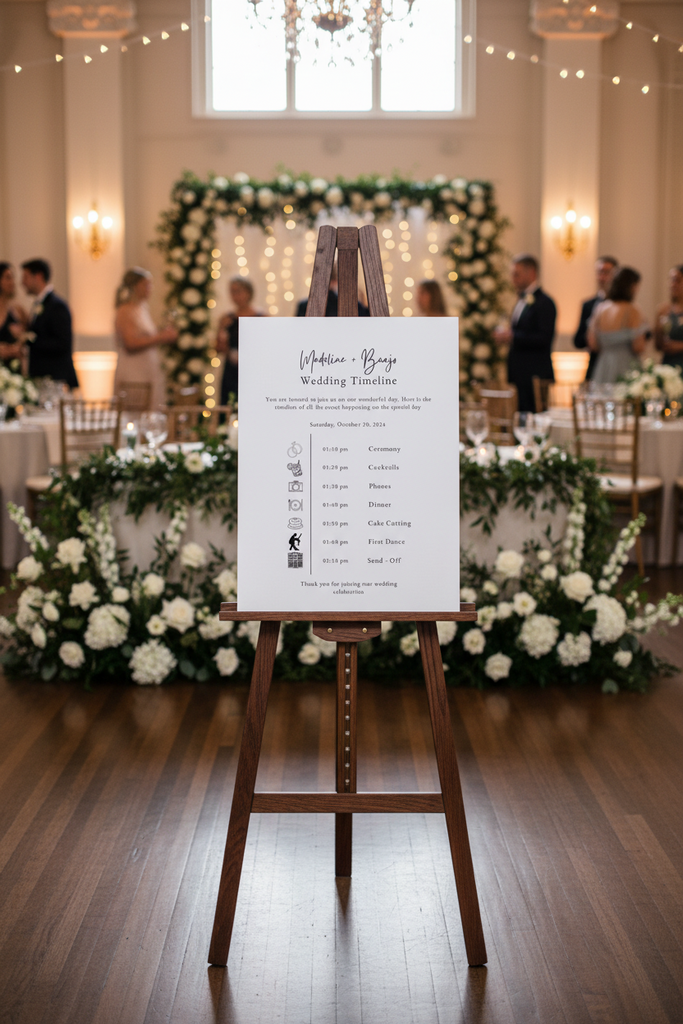 Wedding timeline sign black and white on an easle