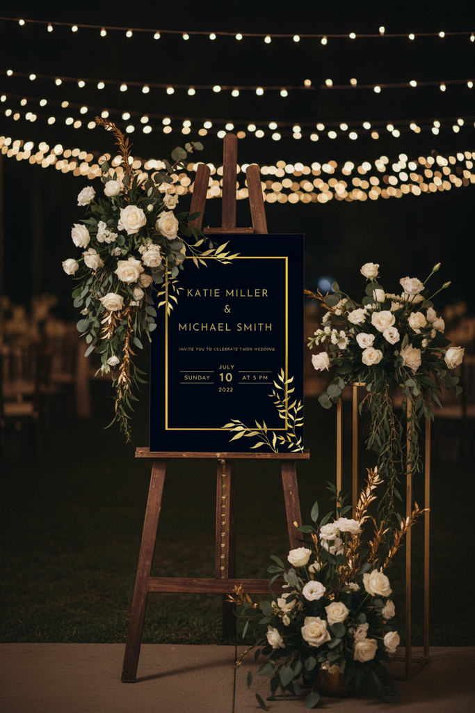 Wedding welcome sign on an easel with floral decorations under string lights.