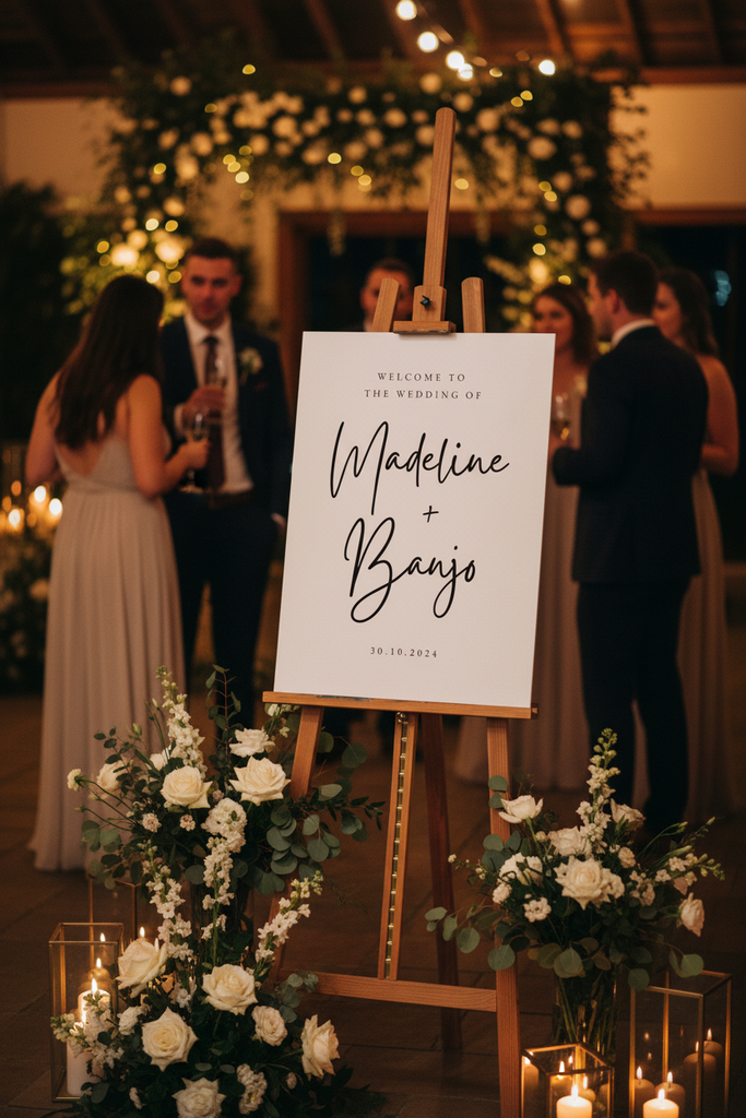 wedding welcome sign black and white on a easel at a wedding