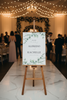 Wedding welcome sign on an easel with decorative lights and guests in the background