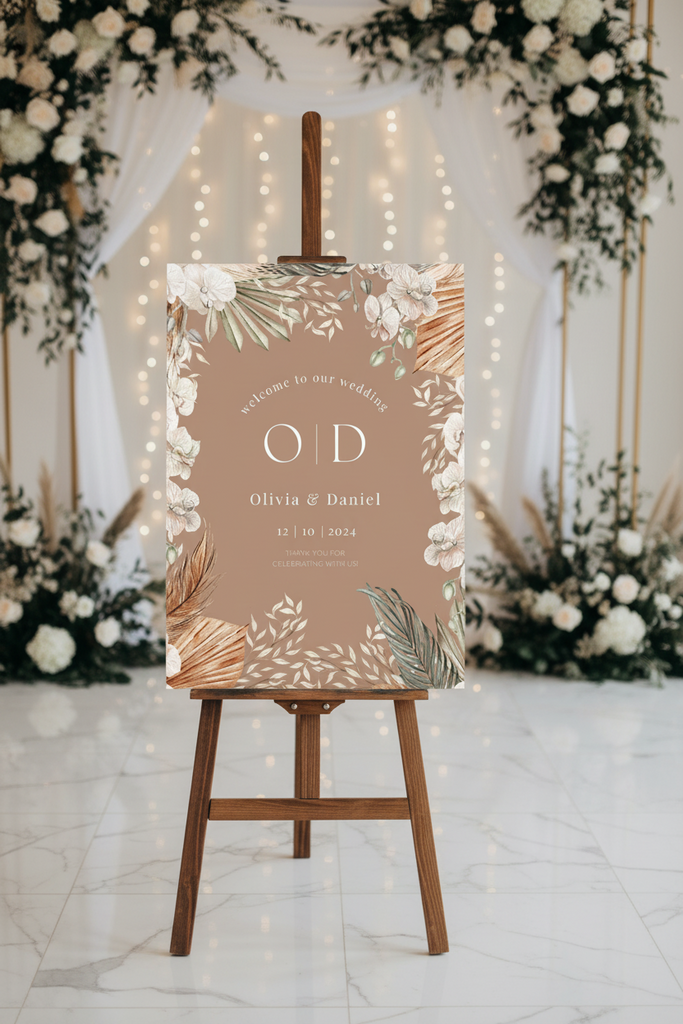 Wedding welcome sign floral and rustic on an easel for a wedding