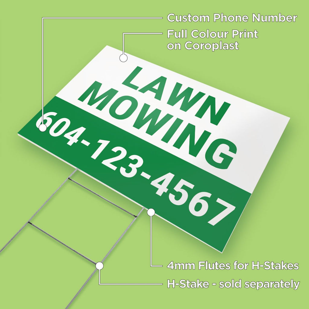 Features of lawn mowing yard sign print